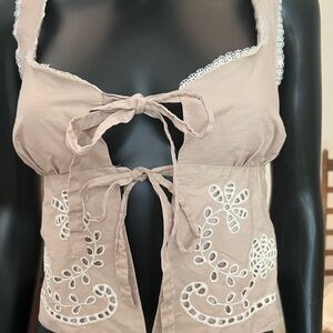 Moon River Tie -Front Embroidered Crop Top in Taupe